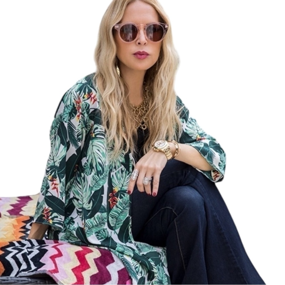 Rachel Zoe Open Front Palm Print Kimono Duster Cover Up One Size